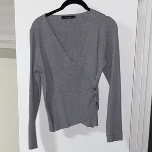Gray V-Neck Ribbed Wrap Sweater